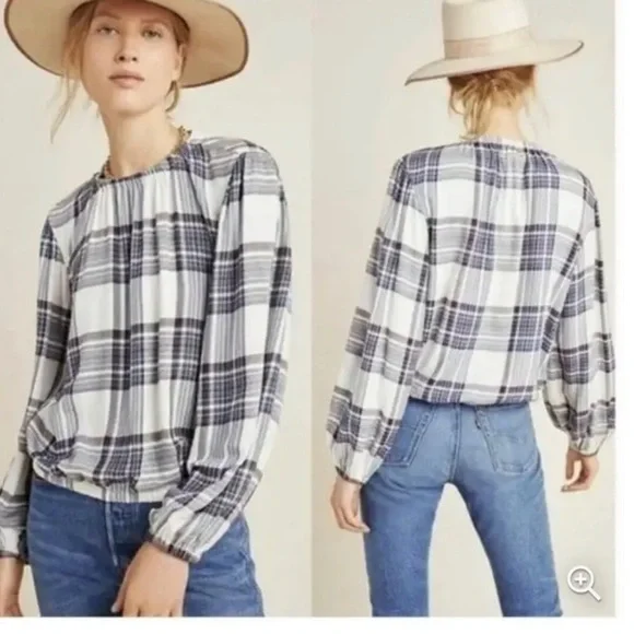 Cloth and Stone for Anthroplogie medium purple & white plaid long sleeved - Picture 1 of 10